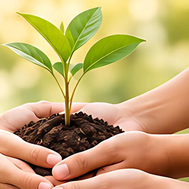 Hands nurturing a young plant — the SVY mission of growth and care
