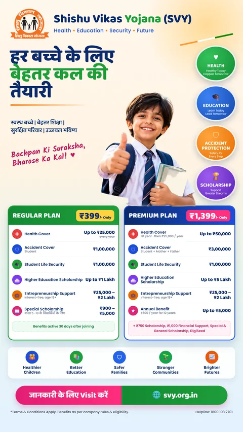 Shishu Vikas Yojana poster — Regular Plan ₹399 and Premium Plan ₹1,399 benefits